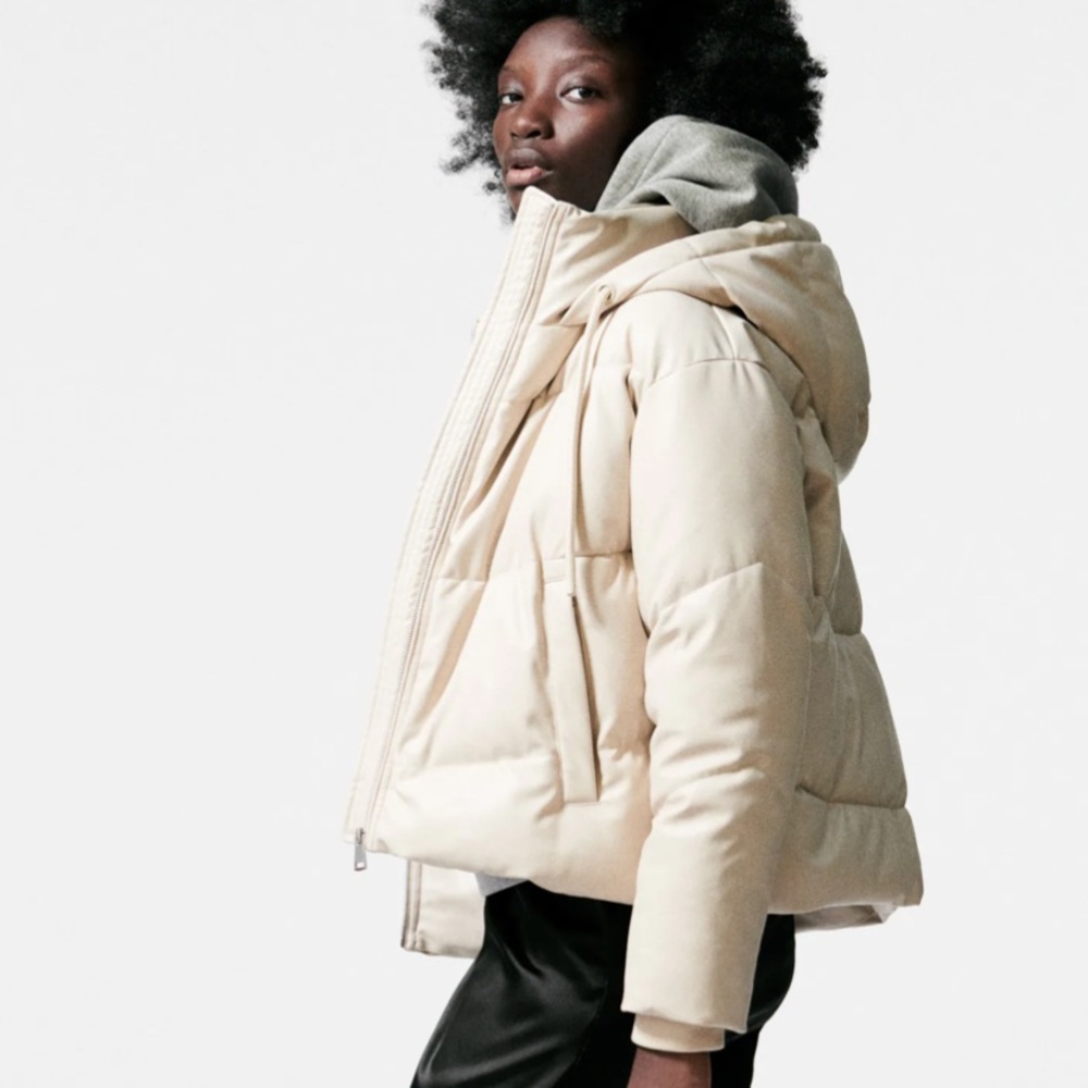 Biege Zara Faux Leather Puffer  Jacket new with tags